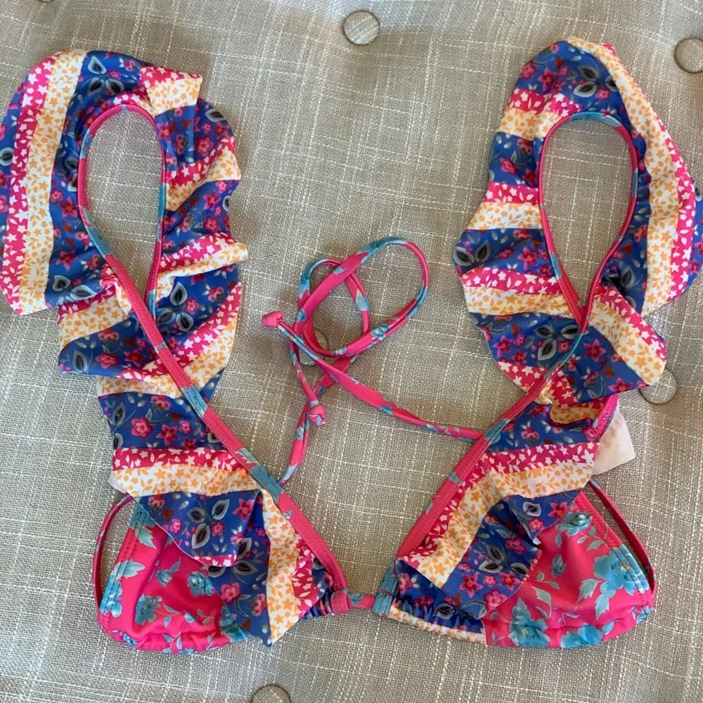 Lovers + Friends Pink Multicolor Ruffle Bikini Top - Picture 3 of 8